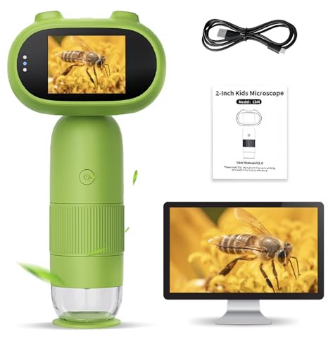 Auveach Microscopio Digitale Portatile per Bambini 1000X Schermo IPS 2 Pollici HD con 8 Luci LED Foto 16MP/Video 1080P Compatibile PC Adatto come Regalo di Natale Compleanno