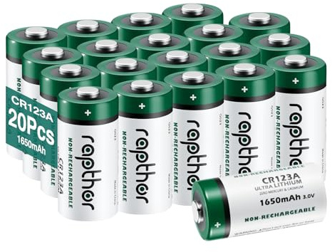Rapthor CR123A 3V 1650mAh Lithium-Batterien 20 Stück, Ersatz für CR123 CR123A CR17345, für Taschenlampen, Kameras, Blitzgeräte, Rauchmelder, Sicherheits- und Smart-Home Geräte, Nicht wiederaufladbar