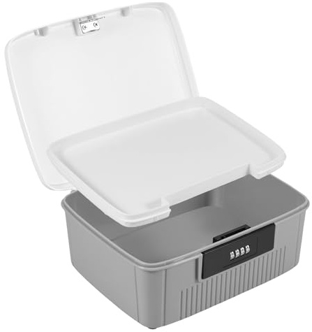 Littleduckling Lockable Medicine Box with 4 Digit Combination Lock, Plastic Medication Box with Removable Tray, Secure Lock Box for Medicine, Documents, ID, Food & Snacks, Privacy Container (Grey)