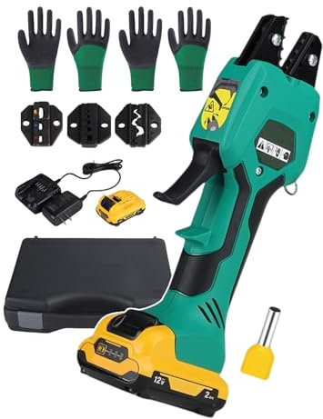 forplubossmmp Pince À Sertir Électrique Portative Pince Hydraulique Électrique Coupe-Câble avec 12 Gants pour Borne De Tube, Borne Nue (Y Compris Batterie/Chargeur/Tête À 3 Matrices/Boîte À Outils)