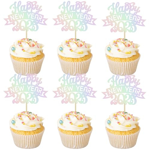 Ephlyn Cupcake-Aufsätze für 2025 Happy New Year 2025, Glitzer, Feuerwerk, Hello 2025, Cupcake-Picks für Cheers to 2025, Happy New Year Eve Thema, Urlaub, Party, Kuchendekorationen, Zubehör,