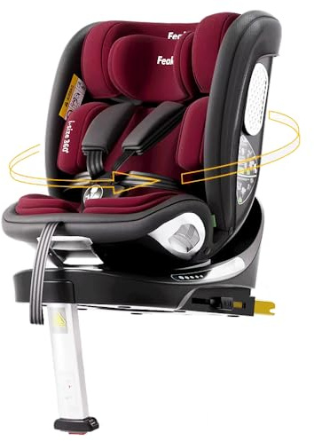 Feakaou 360 Car Seat with ISOFIX - Newborn to 12 Years Children, i-Size (ECE R129/E4) Rotating Swivel Baby Car Seat,Group 0+1/2/3 (40-150cm),Rear Facing for Longer from Birth to 4 Years. Red Black