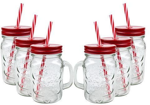 AIBULO 6 Pack 500ml Red Mason Jars with Lids & Straws | Reusable Glass Drinking Jars for Smoothies, Iced Coffee, Juices, Milkshakes, Cocktails & More | Eco-Friendly Leakproof Glass Cups