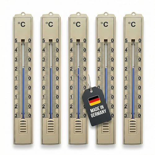 Lantelme Set med 5 analog-termometrar beige | Exakt temperaturvisning från -30 till +50 °C | Robust plasthölje för inomhus, utomhus, trädgård, källare, balkong och vardagsrum
