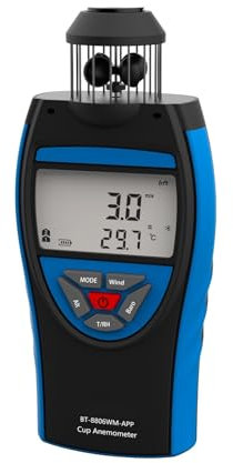 TIEOAXFT Anémomètre numérique 0,3~42 m/s, Vitesse du Vent Bluetooth, Volume d'air Moyen CVC, Altitude CFM, barométrique, 8806-WM-APP