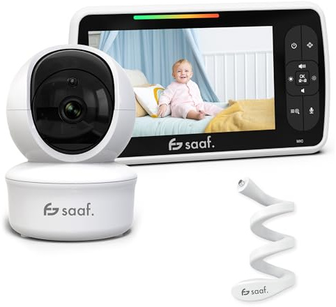 Saaf Babymonitor med kamera och 5 tums skärm – lutande och roterbar kamera med zoomfunktion – pratfunktion och mörkerseende – inbyggda vaggvisor – justerbar ljusstyrka – flexibelt stativ inklusive