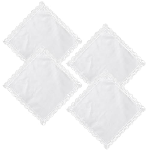 MIRKUZI Fulares para mujer Pañuelos para mujer (paquete de 4), 25 x 25 cm, cuadrados, color blanco puro, con decoración de encaje, para novias, bodas y servilletas de algodón.