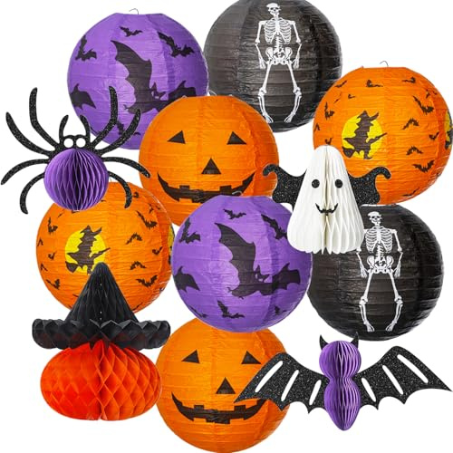 YiYa 12 Piezas Halloween Papel Linterna Decoración Pumpkin Paper Lantern Murciélagos de Panal de Halloween Arañas, Decoraciones Fantasmas para Interiores y Exteriores Decoraciones de Fiestas