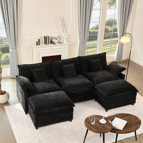 Litbird 274 cm Sofá Modular en Forma de U,Set of sofá de Esquina de 3 plazas con Taburete, diseño de Asiento Profundo, sofá Nube para Sala de Estar (Negro)