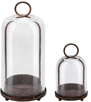 5 & 4 Wide Versatile Metal Candle Holder in Rustic Brown with Handmade Thick & Sturdy Glass Dome Cover for Pillar Candle & Plants, Farmhouse, Shabby Chic Style (2, Brown, Large & Small)