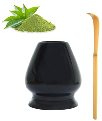 Ezitruz Keramik Matcha Besen Halter mit Löffel, Matcha Schneebesen Ständer, Matcha Set, 2-teiliges Chasen Matcha Tee Set(Schwarz)