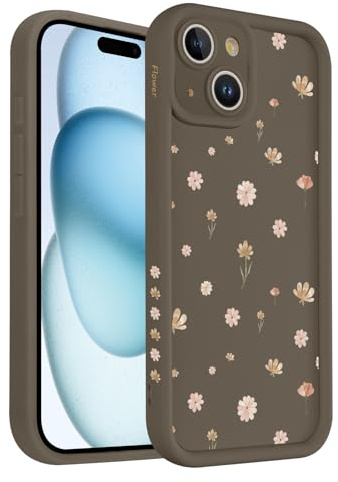 Knrlqim Cover per Apple iPhone 15 6,1, Custodia Aesthetic Fiori Rosa Motive Disegno Design Cellulare, Antiurto Silicone Bumper Fotocamera Protezione Phone Case per Donne Ragazze, Marrone