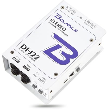 Bolanle J22 Active Stereo DI Box, Dual Channel Direct Box with XLR Balanced Output, 48V Phantom, 9V Battery or 5V USB Power, 15 dB Pad, 80Hz HPF for Guitar, Bass and Keyboard