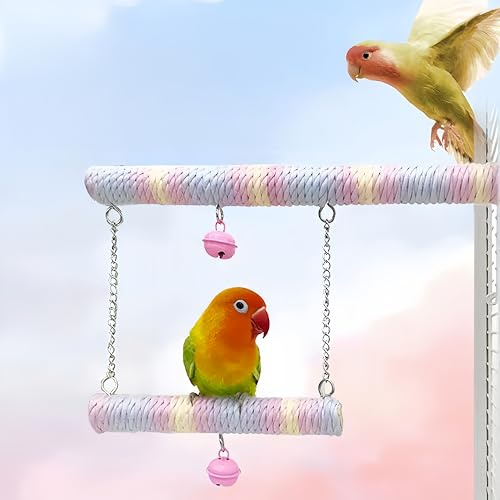 Parrot Swing A Standing Pole, Colorful Cotton Rope Wooden Swing with Metal Chain and Clasp(1Pcs)
