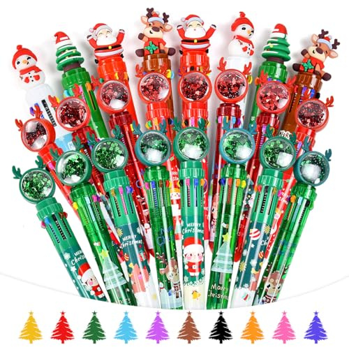 VGECEE 24 Pezzi Penna a Sfera Natalizia, Penna a sfera retrattile multicolore 10-Colors-in-1 Penne a Sfera a Colori Penne 10-in-1 Retrattili Muticolori Babbo Natale Penne Gadget Compleanno Bambini