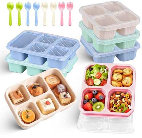 7 Pcs Snack Box with Compartments, 4 or 5 Compartments Snack Boxes for Kids, Reusable Bento Lunch Boxes with Transparent Lids, Snacks Pots With 7 Forks for School Work Travel(Pink/Beige/Green/Blue)