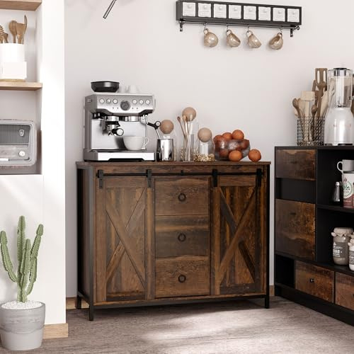 Industrial Farmhouse Buffet Cabinet, Kitchen Sideboard with Sliding Barn Doors, Three Drawers and Adjustable Shelves for Living Room, Dining Room, Rustic Brown ﻿,for The Kitchen