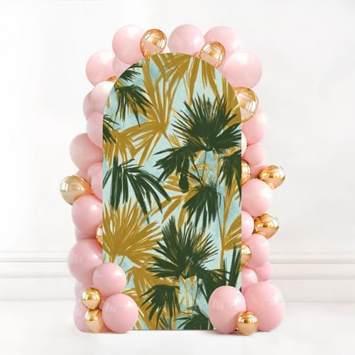 6.6FT Wedding Arch Backdrop Cover Tropical Seamless Palm Leaves Painted Brush Sketch Tropical Leaves Spandex Fitted Fabric Round Top Stretchy Stand Covers for Baby Shower Birthday Party Decoration