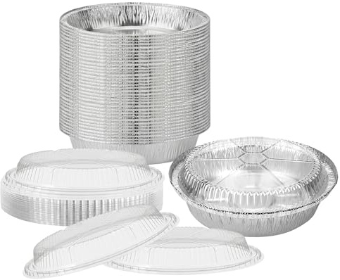 TENLITE (100 Pack - Round Foil Pans with Clear Plastic Dome Lids – Disposable Aluminium Baking Trays for Cakes, Pies, Quiche, BBQ, Meal Prep & Takeaway Food Containers - (9inch)