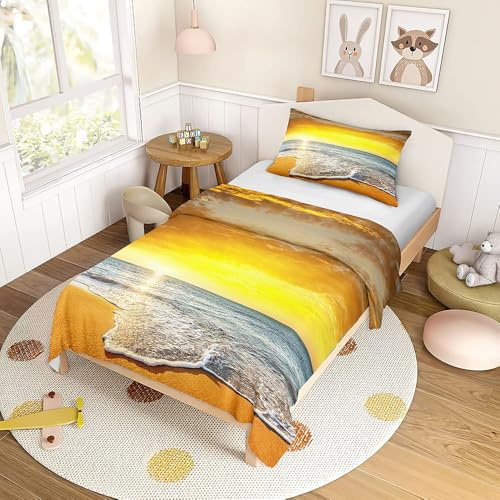 Odot Kinderbettwäsche für Jungen und Mädchen, 3D Stranddruck Kleinkinder Bettwäsche-Set, Bettbezug & Passenden Kopfkissenbezug, Kinderbettwäsche Set (Natur 8,150x200cm)