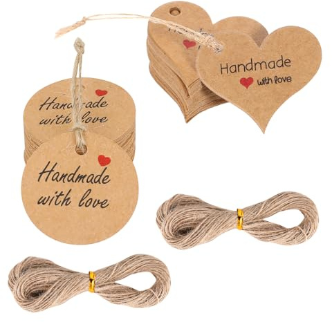 200Stück Round Heart Blank Gift Tags Geschenkanhänger Handmade with Love Anhänger Hochzeit Anhänger Kraftpapier Etiketten mit Juteschnur Herz und Runden Hochzeit Papieranhänger für Geschenkverpackung