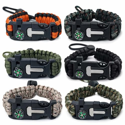 6 Stück Survival Paracord Armband – Überlebensarmbänder 5-in-1 Paracord mit outdoor Feuerstein survival, mini Kompass, Pfeife, Schirmseil & Mini-Säge, Outdoor Gadgets für Wandern, Camping & Jagd