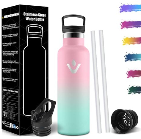 Mulbijeo Gourde Isotherme 500 ML, Gourde INOX avec Paille, Réutilisable, Bouteille d'eau sans BPA, Anti-Fuite, Isolation sous Vide en Acier Inoxydable à Double Paroi, pour Enfants, Adultes, Sport