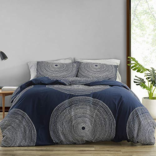 MARIMEKKO Bettbezug-Set, Glatte Baumwoll-Perkal-Bettwäsche mit passendem Kissenbezug, leichte Wohnkultur, 3-teilig, Queen-Size-Bett, Marineblau