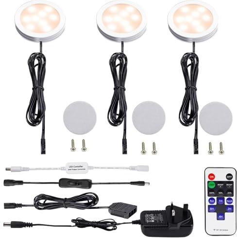 AIBOO LED Kitchen Under Cabinet Lighting Kit Dimmable with Wireless RF Remote,3 Pack Round Display 240V LED Puck Lights,6W Under Cupboard Counter Shelf Lights(Warm White 2700K) [Energy Class A+]