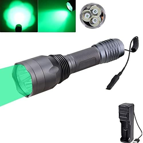 BESTSUN 10000 Lumen Green Light LED Hunting Torch, 300 Yards Long Range Tactical Coyote Hog Hunting Flashlight Light with Pressure Switch, Rechargeable Battery and Charger
