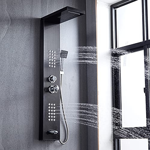 Delavin Multi Fuction Shower Panel, Shower Tower, Rainfall Waterfall Stainless Steel Shower Panel Tower System, Full Body Shower System with Body Jets, Tub Spout, Handheld Shower, Brushed Black