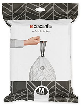 Brabantia 138829 PerfectFit Bin Liners (Size M/60 Litre) Thick Plastic Trash Bags with Tie Tape Drawstring Handles (40 Bags), White