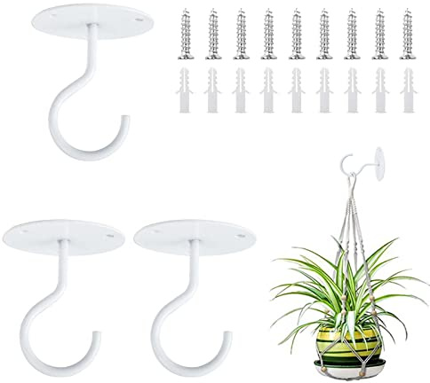 3 ganchos de techo para plantas colgantes, ganchos de metal S de montaje en pared con tornillos y anclajes para colgar cestas de plantas, linternas, campanillas de viento, comedero de pájaros (blanco)