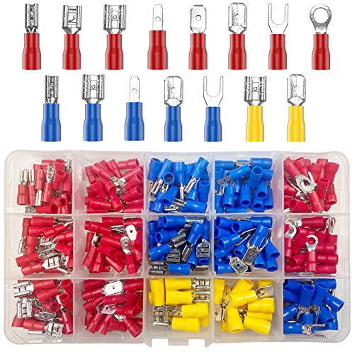 Newaner 280 pezzi 15 tipi connettori capicorda elettrici ferro con isolanti, forcella vanga anello connettore con scatola assortimento, terminali occhiello morsetti elettrici per elettricisti