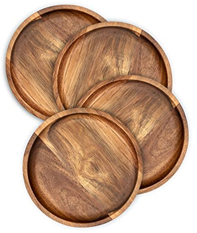 Acacia Wood Round Dinner Plates 6 Inch - Serving Tray & Platters for Home Decor, Food, Vegetables, Fruit, Charcuterie, Appetizer (Set of 4 Wooden Charger)