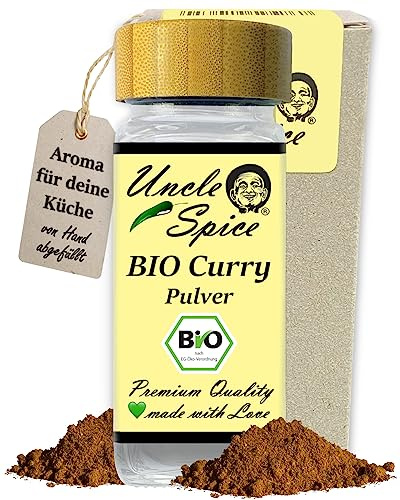 UNCLE SPICE® BIO CURRY Gewürzmischung im Streuer - 45g Currypulver nach altem indischen Hausrezept im Gewürzglas - Bio Curry Pulver Madras Art ohne Zusätze, für Soßen und Currywurst, DE-ÖKO-005
