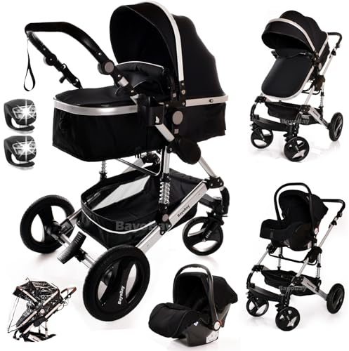Baby Stroller 3 in 1 Pram Pushchair Buggy Child Lightweight Folding Stroller 3 in 1 Travel System Pram for Newborns Toddlers from Birth Aluminium NEW Upgraded 2025 Style (Black - Silver Frame)