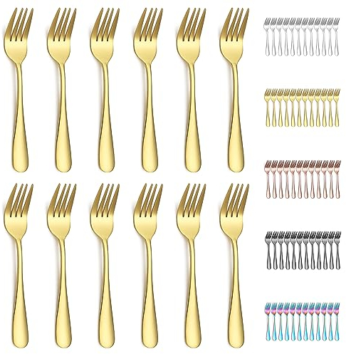 Evanda Dessertgabeln 12 Stück, vergoldete Titanbeschichtung, Edelstahl, Gebäck-Set, Mini-Kuchen- und Vorspeisen-Gabeln für Zuhause, Hochzeit, Party, Café, Restaurant, spülmaschinenfest