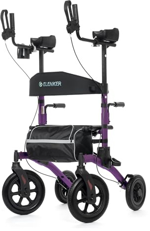 ELENKER All-Terrain Upright Rollator Walker, Stand up Rolling Walker with Seat, 12” Non-Pneumatic Wheels, Compact Folding Design for Seniors, Purple