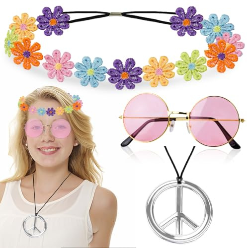 Hippie Accessoires Hippie Kostüm Zubehör, 70er Jahre Bekleidung Damen Flower Power Accessoires, Hippie Kleidung mit Retro Brille Halskette Hippie Bunte Girlanden für 60er 70er 80er Party Zubehör