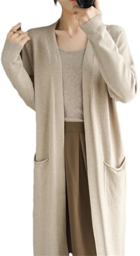Cardigan da donna in cashmere, casual, lungo, lavorato a maglia, con scollo a V, cardigan, Khaki9, XX-Large