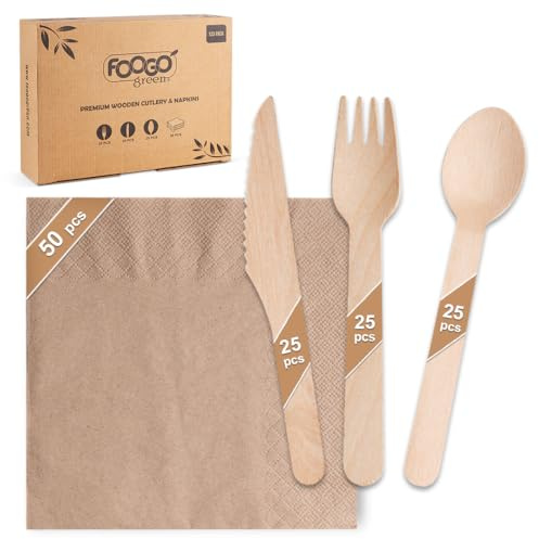 FOOGO Green 125pcs Wooden Cutlery & Unbleached Brown Napkins, 2 Ply | FSC® Certified, 25x Forks, 25x Knives, 25x Spoons, 50x Brown Napkins, Eco Friendly Cutlery Set