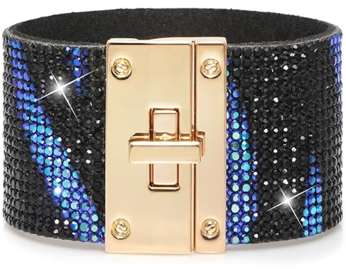 Suyi Bracciale avvolgente in pelle da donna, con strass larghi, stile bohémien, lega