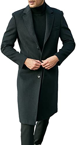ECDAHICC vardaglig trenchcoat för män lös passform skårad krage lång jacka vinterrock enknäppt ärtkappa, svart, XL