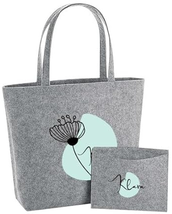 AWASG Filztasche Damen-Tasche mit kleinem Etui - Bedruckt und Personalisiert mit Blume pastell und Name - Shopper Geschenk Danke für Sie (hellgrau)