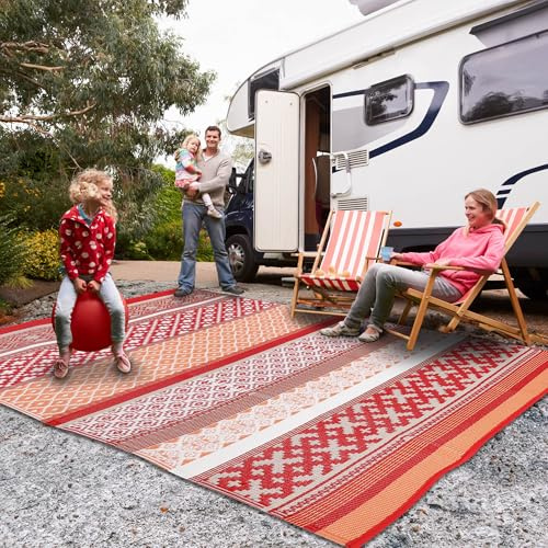 Green Decore Reversible Recycled Plastic Camping and Picnic Rugs | Perfect for Garden, Patio, Picnic, Decking | Stain And Water Resistant | Prime Red/Orange 120 x 180 cm
