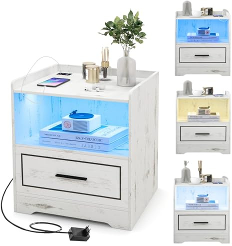 RELAX4LIFE Comodino con Luci a LED e Stazione di Ricarica, Porte USB e Type-C, Luci a Colori Variabili, Comodino Moderno per Camera da Letto, Soggiorno e Studio, 45 x 40 x 50 cm (Bianco,1), LY54907IT