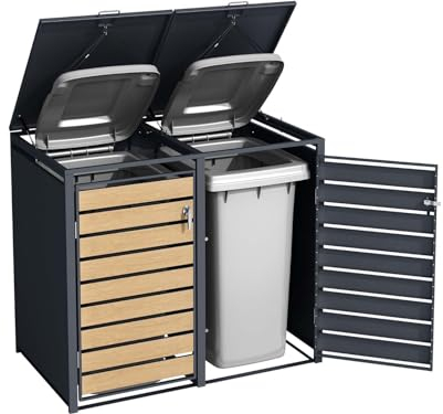 SCHARTEC® Mülltonnenbox 2er anthrazit mit Holz-Design erweiterbar 240l Mülltonnenverkleidung Mülltonnen Sichtschutz Unterstand