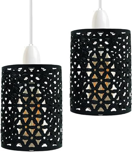 DC VOLTAGE 2 PCS Industrial Metal Bulb Guard Drum Shaped Lamp Shades for Ceiling Pendant Lights Indoor Easy Fit Wire Cages for Kitchen Hallways Living Room (Black 2 Pack)