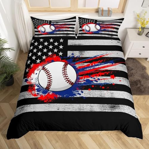 EXSANLIEAY Baseball Bettwäsche 200x200 - Flagge Wendebettwäsche, Weiche & Atmungsaktiv Microfaser Bettbezug + 2 Kissenbezug 80x80, Angenehme bettwäsche-Sets, 3 Teiligmit Reißverschluss